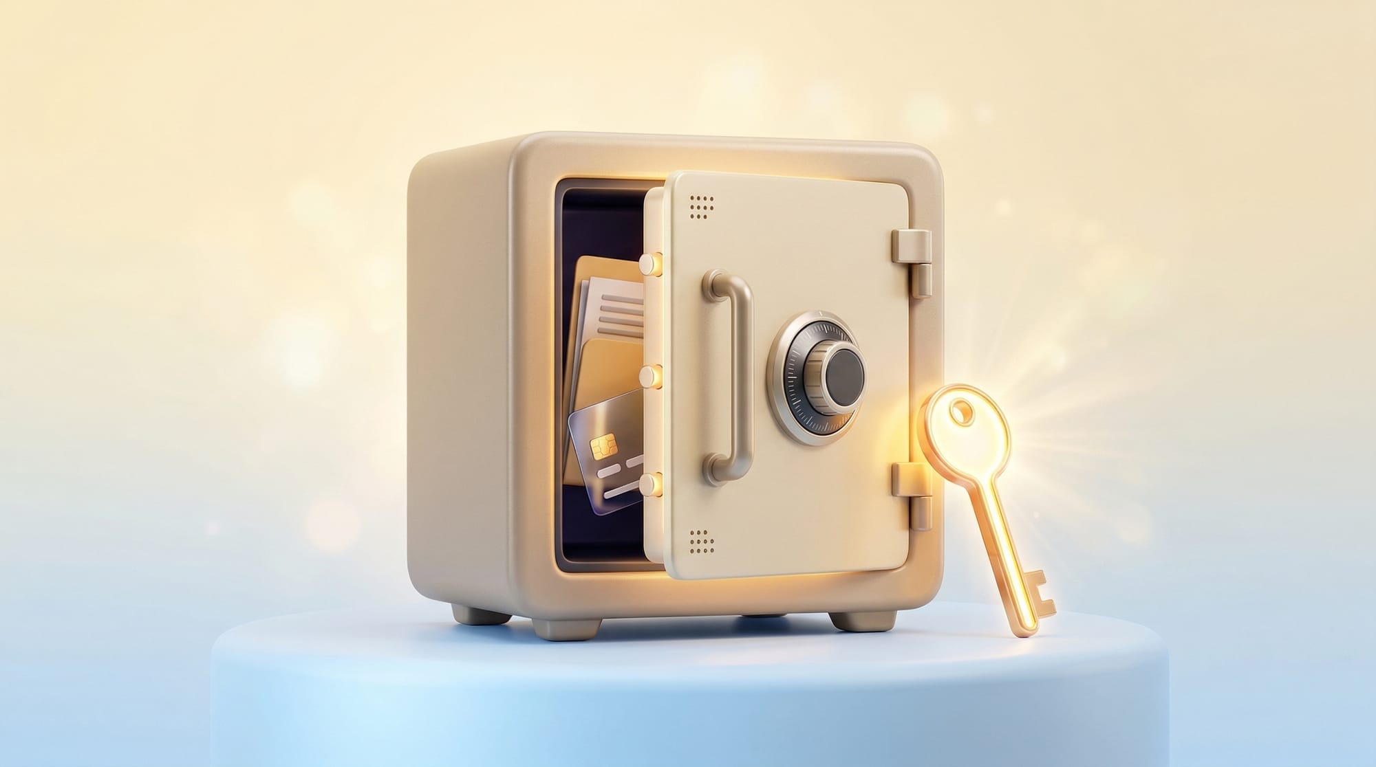 견고한 금고 안에 보호된 신용정보 — 제3자 열람 불가를 상징
