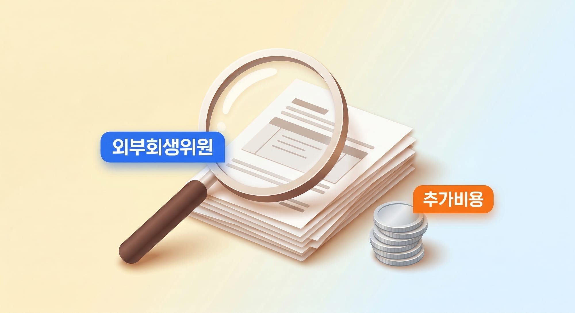 외부회생위원의 꼼꼼한 서류 심사와 소정의 추가 비용을 상징하는 돋보기와 동전
