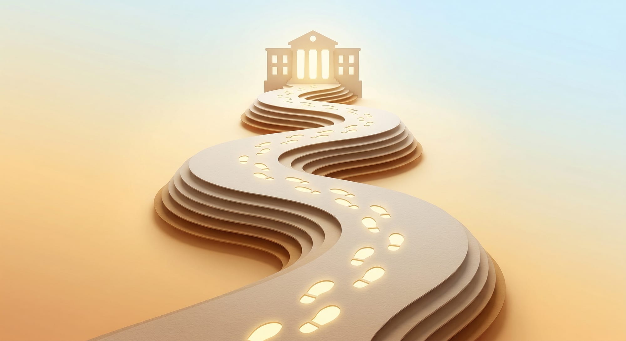 법원을 향해 나있는 길과 직접 걸어가는 발자국 일러스트