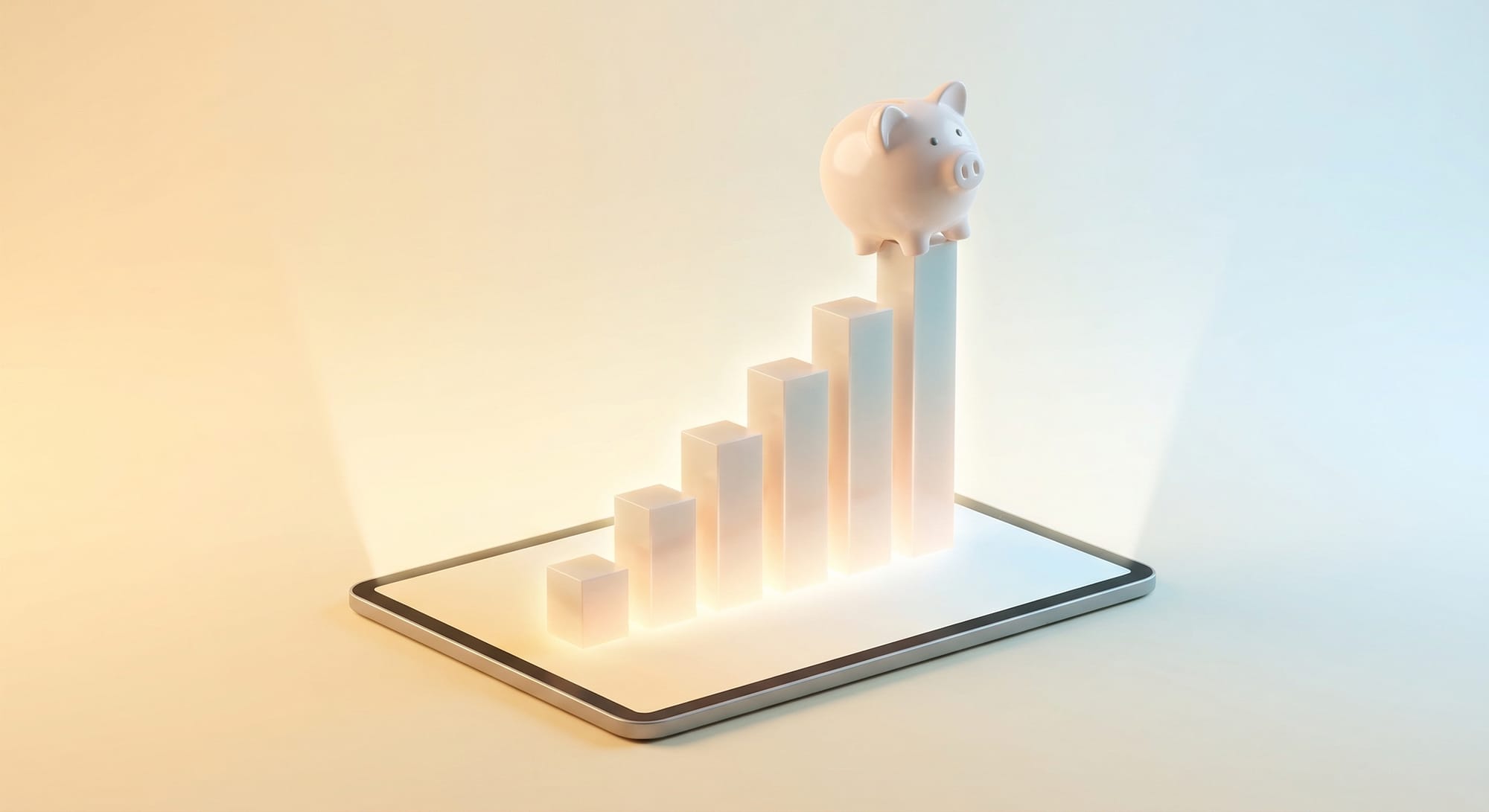 디지털 태블릿 위로 떠오르는 상승 그래프와 돼지저금통 3D 일러스트