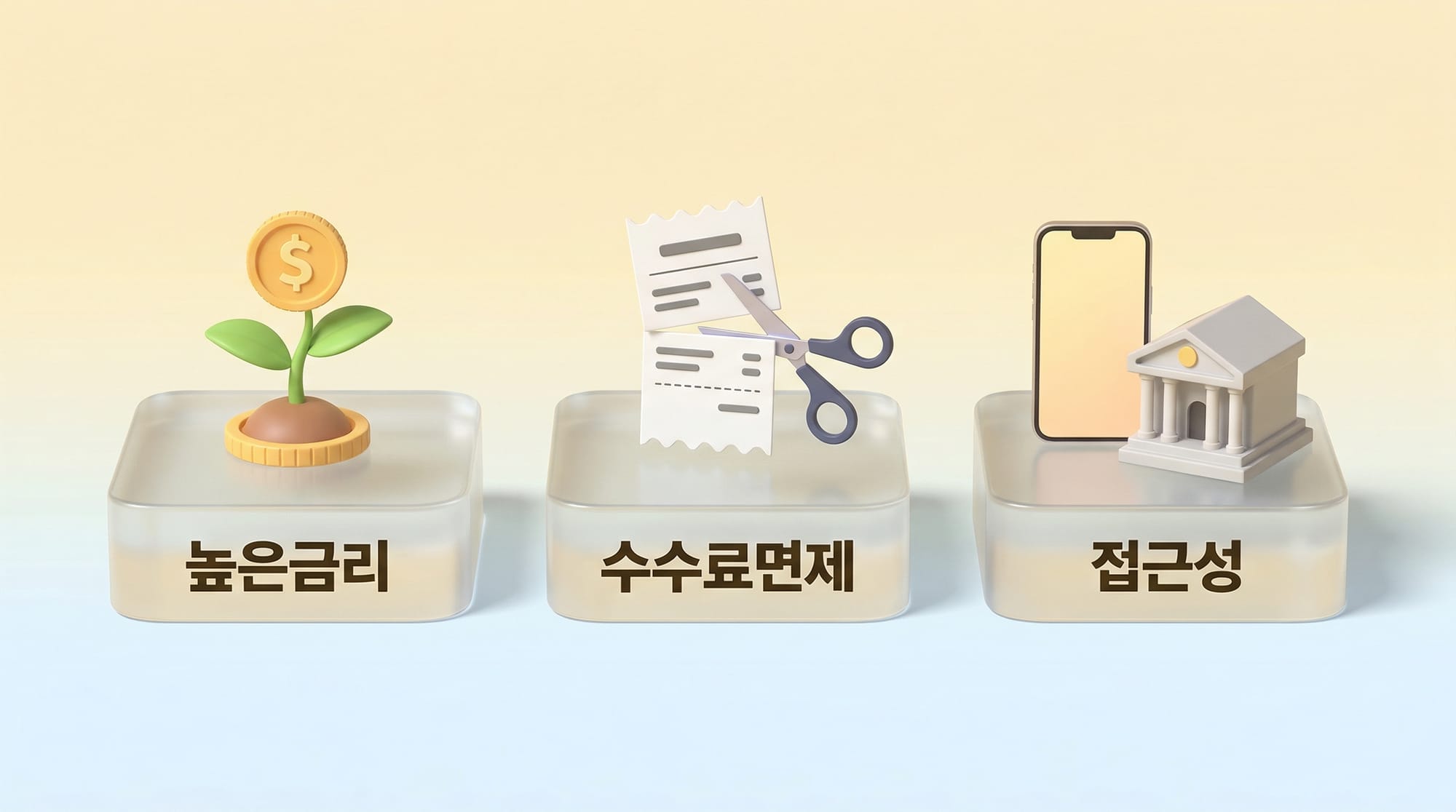 은행 선택의 세 가지 핵심 기준 — 금리, 수수료 면제, 접근성을 상징하는 3D 오브젝트 그리드
