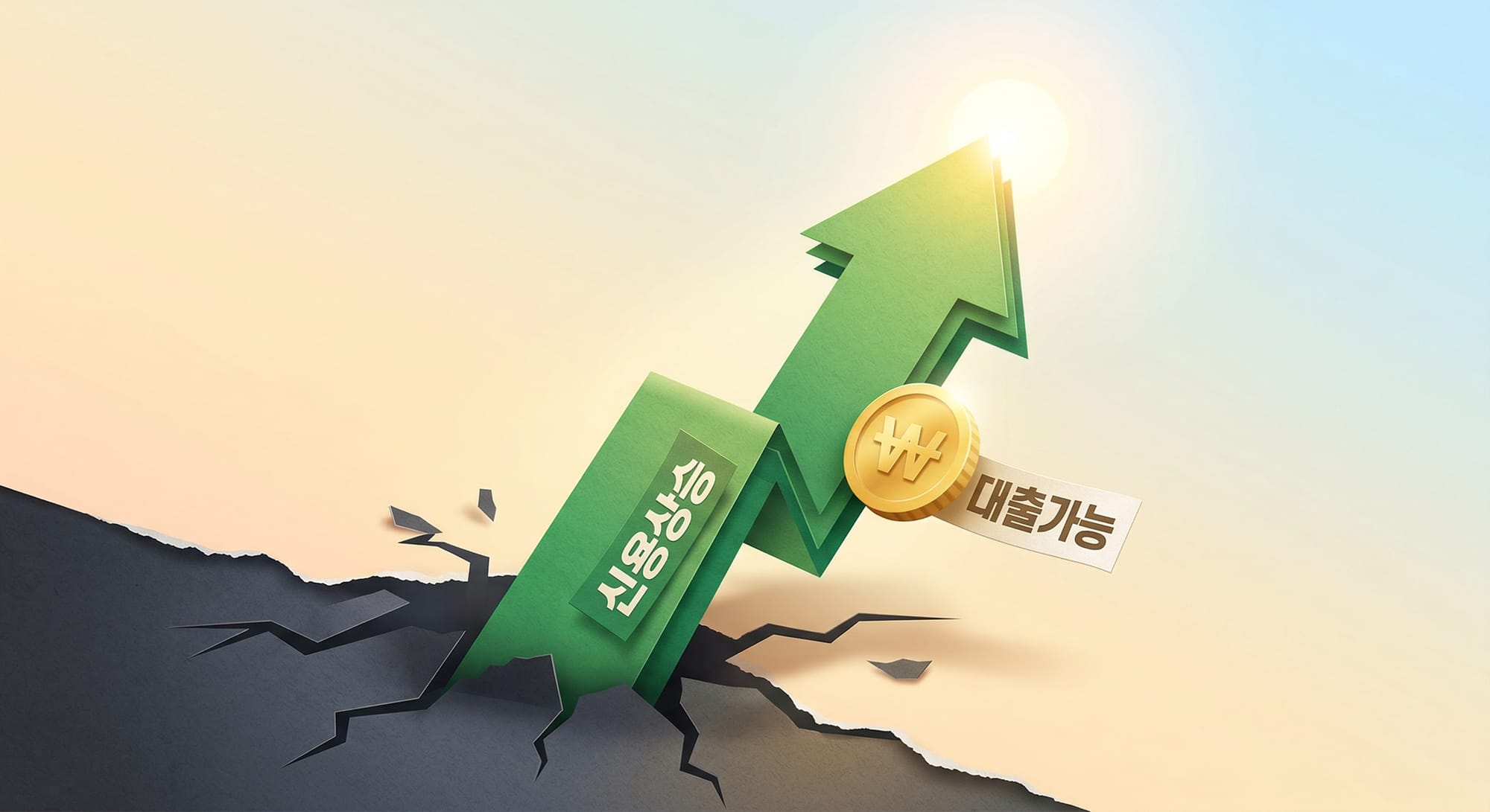 갈라진 바닥을 뚫고 솟아오르는 화살표와 동전이 있는 페이퍼 크래프트 스타일 일러스트
