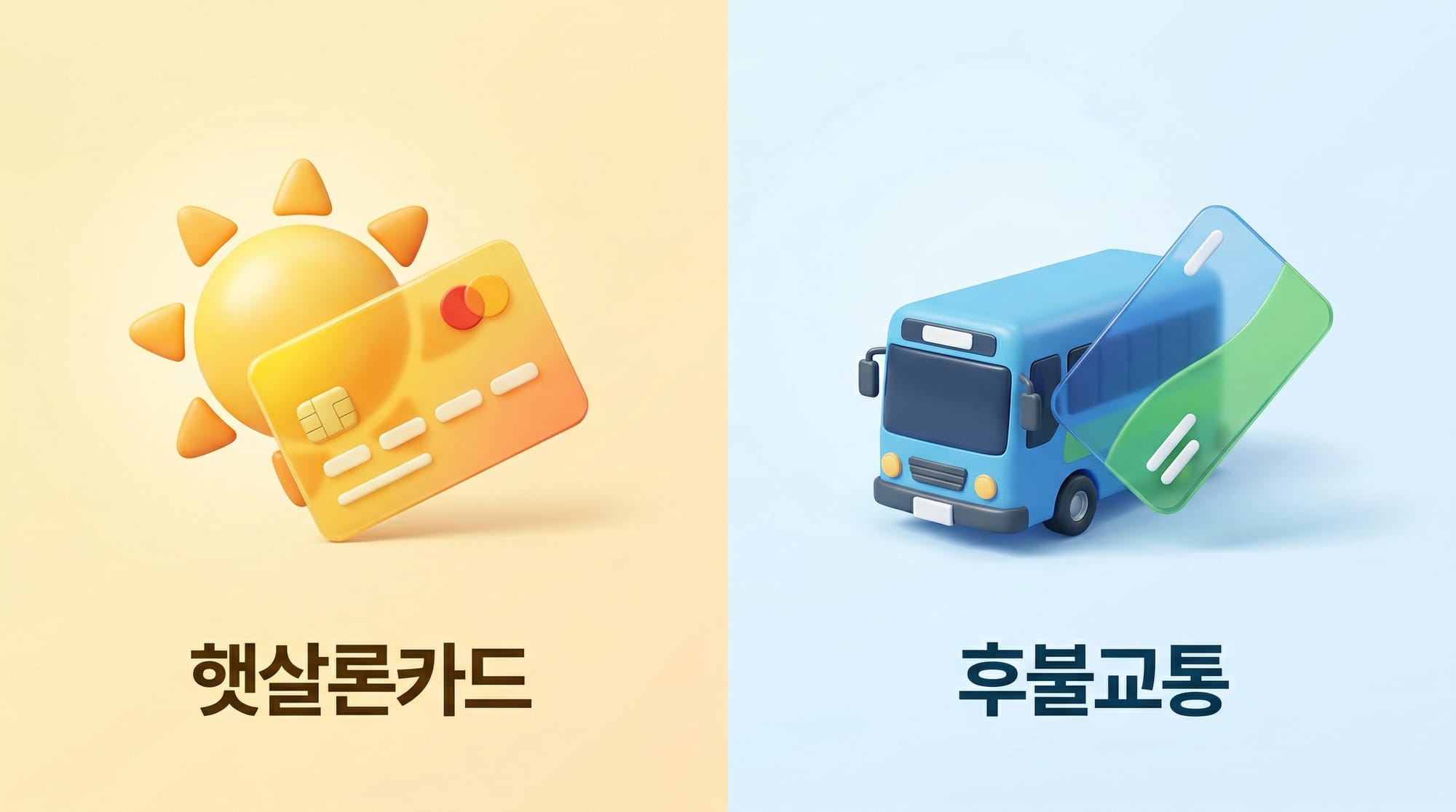 햇살론카드와 재기지원 후불교통카드를 상징하는 두 개의 3D 오브젝트 일러스트