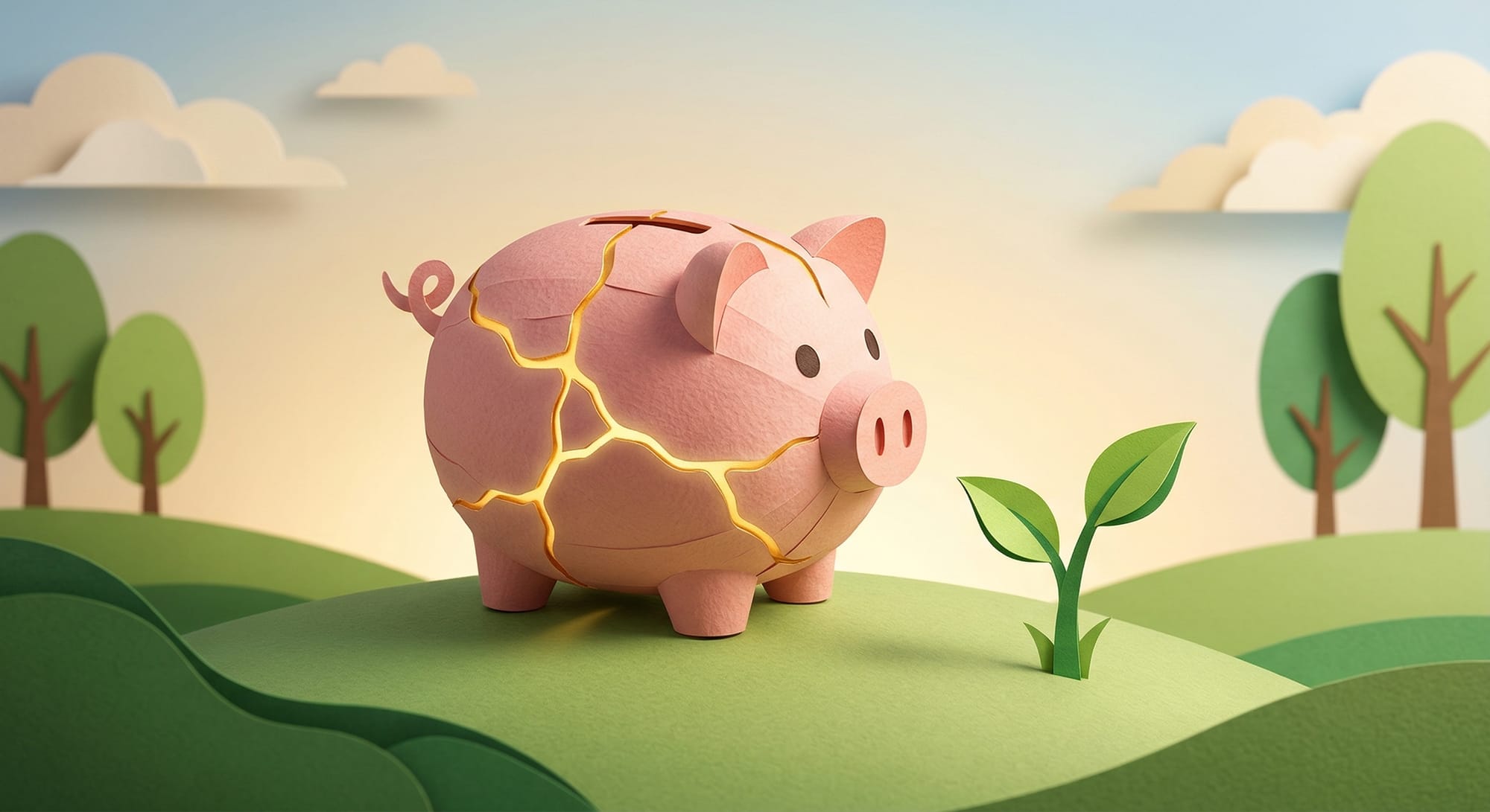 금빛으로 아름답게 수선된 부서진 저금통과 그 옆에서 자라나는 새싹