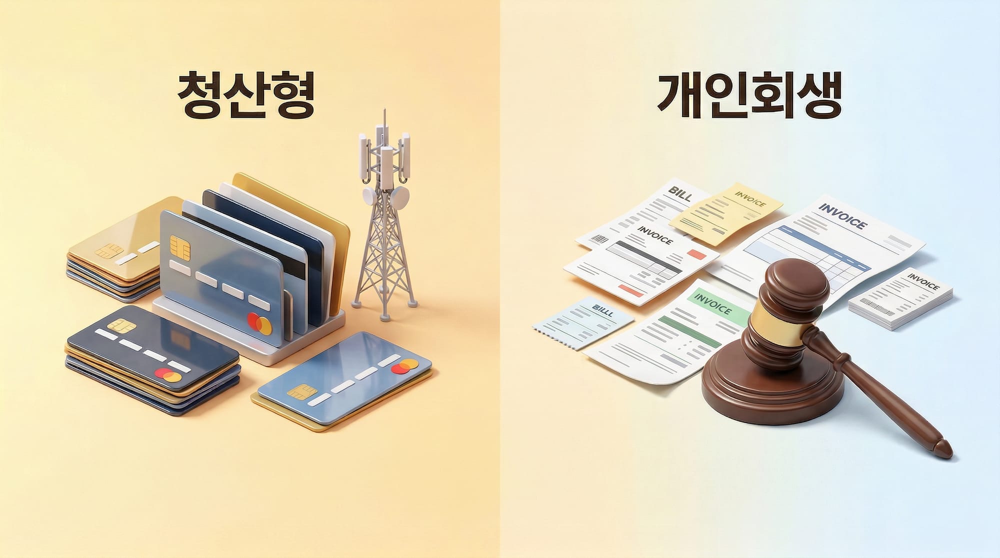 청산형 채무조정 vs 개인회생 비교 도식