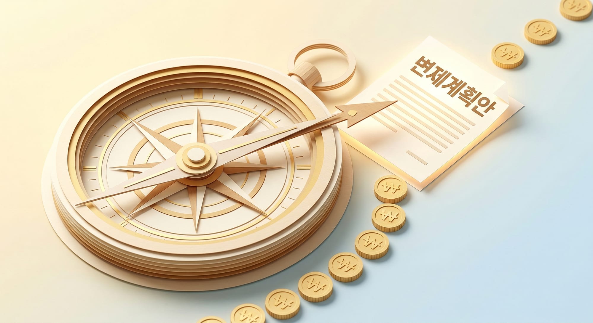 변제계획안을 향해 방향을 가리키는 나침반과 따라가는 동전들