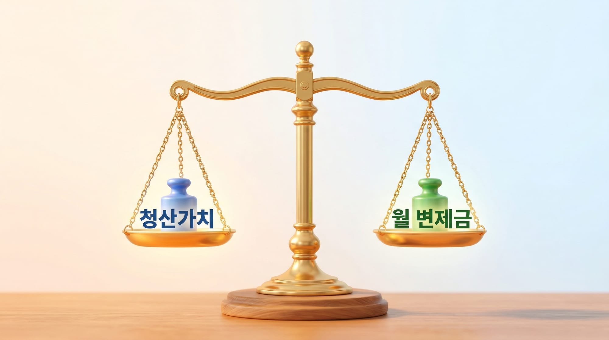 청산가치와 월 변제금이 완벽한 균형을 이루고 있는 황금 저울 폴리시드 3D 일러스트