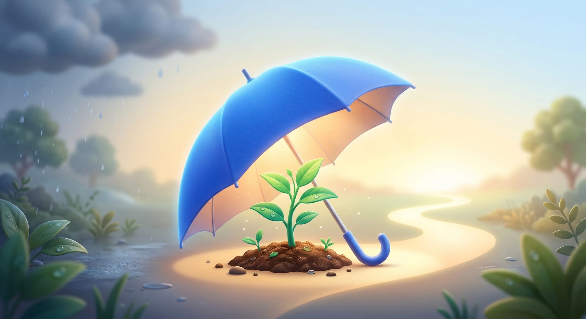 여린 새싹을 비바람으로부터 든든하게 지켜주는 파란색 우산