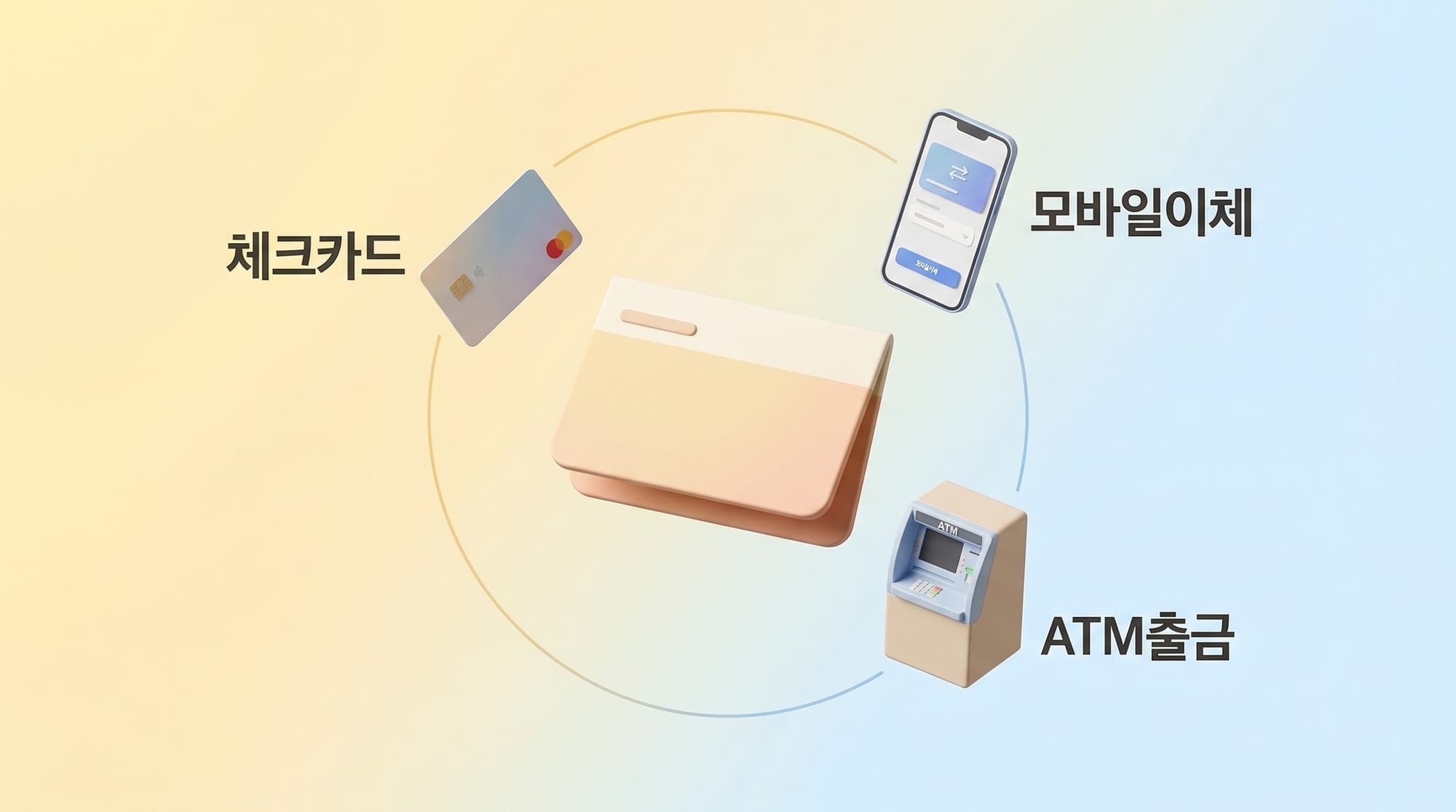 생계비계좌를 중심으로 체크카드·모바일 이체·ATM이 자유롭게 연결된 일상 금융 생활 도식