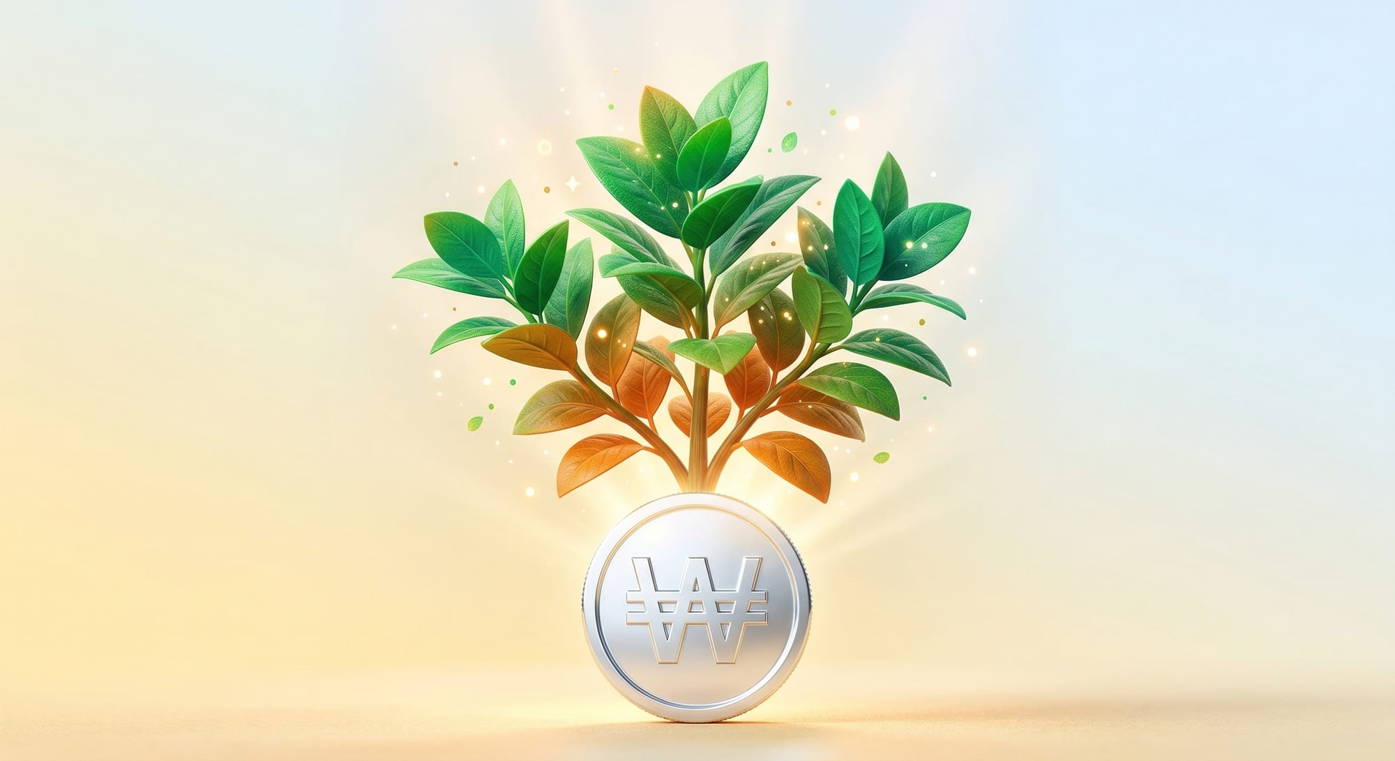 변제 완료 후 ₩ 동전에서 새싹이 피어나는 경제적 자유 상징 일러스트