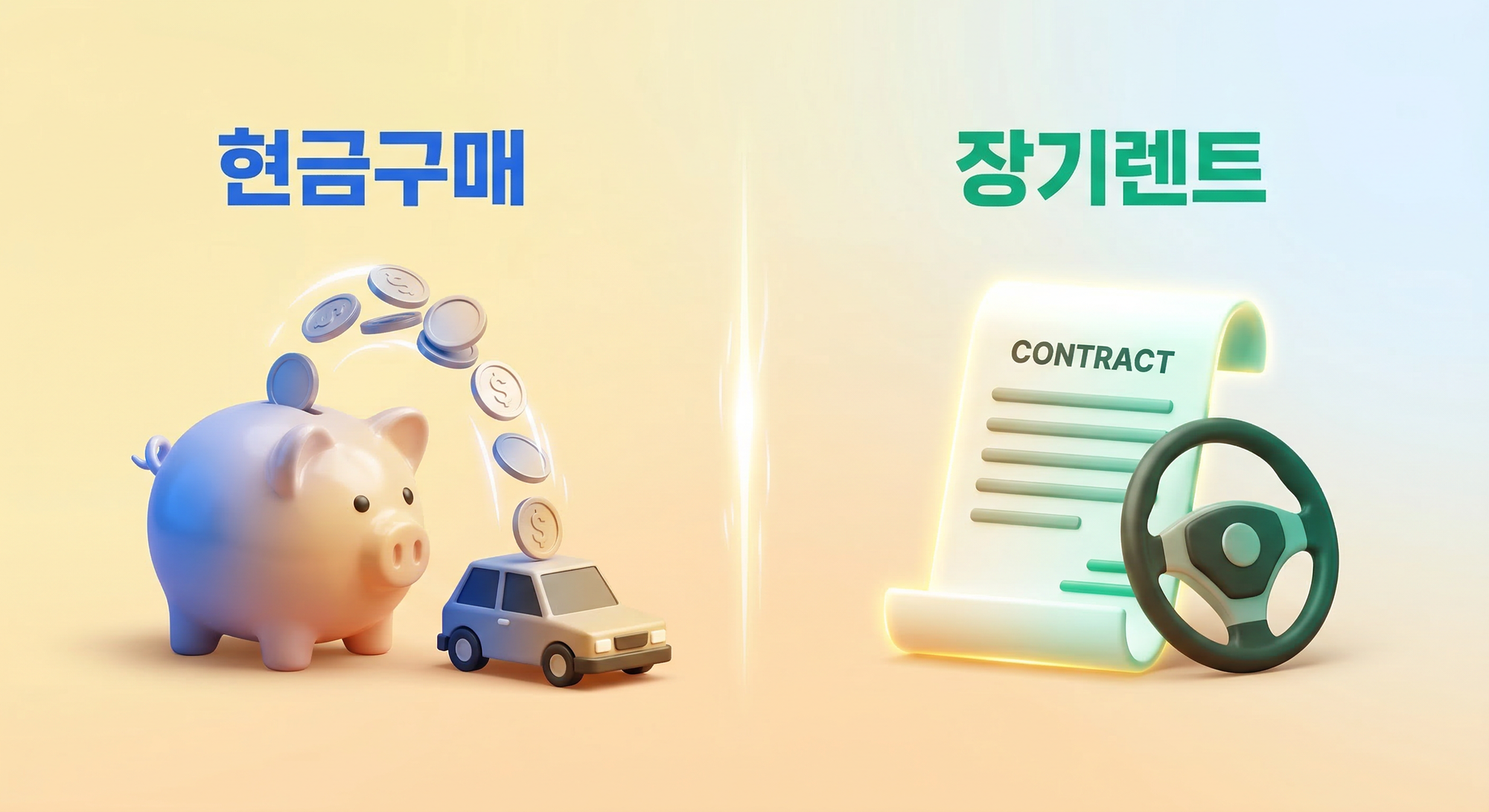 현금구매와 장기렌트를 비교하는 3D 일러스트