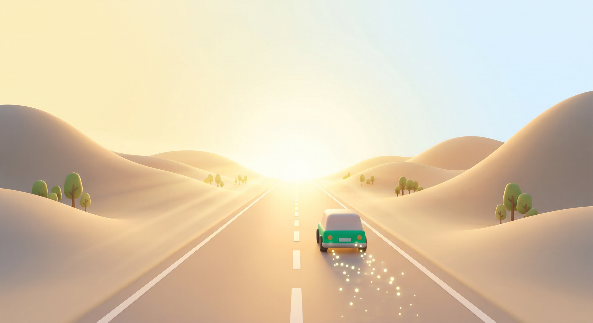 열린 도로 위를 달리는 자동차, 새출발을 상징하는 3D 일러스트