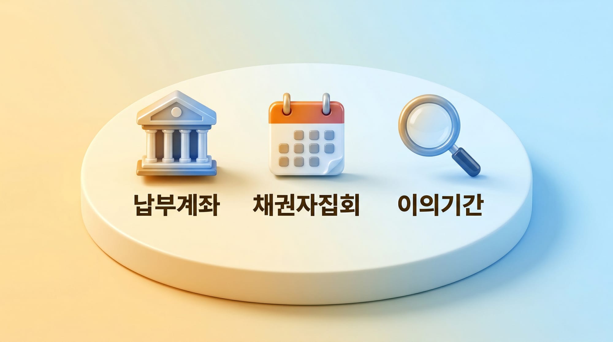 개시결정으로 확정되는 납부계좌·채권자집회·이의기간 3가지 핵심 사항 인포그래픽