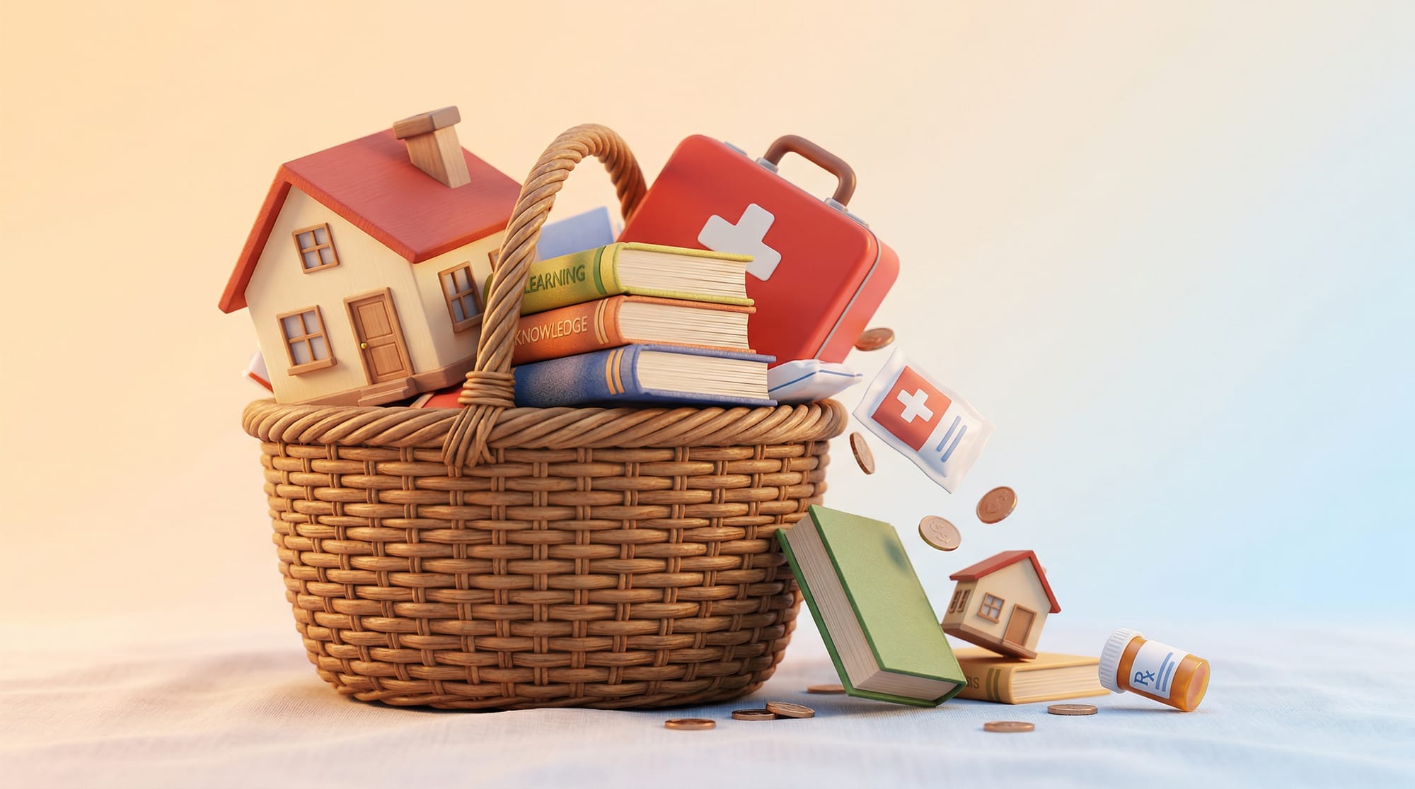 정해진 바구니를 넘쳐흐르는 주거비·교육비·의료비 오브젝트 3D 일러스트