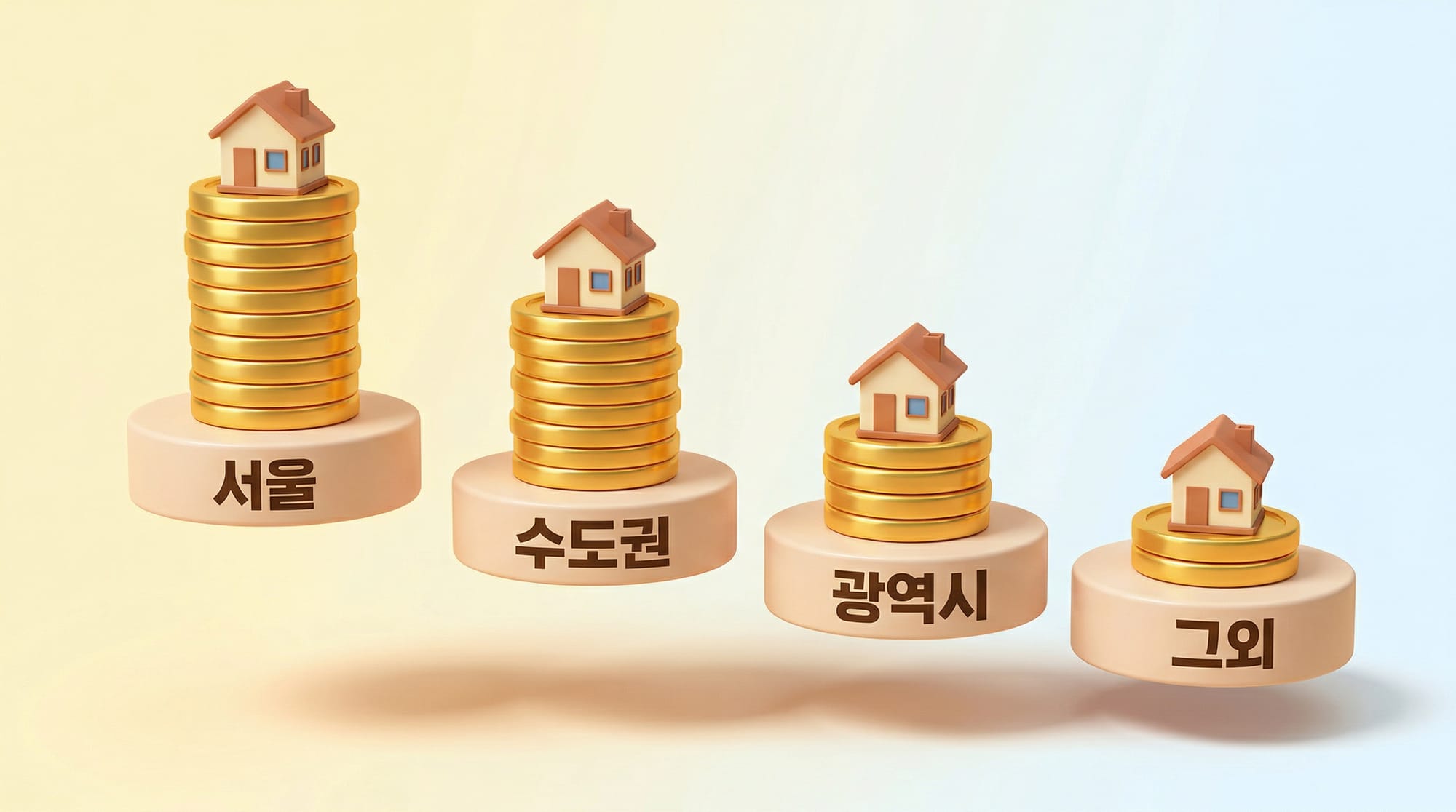 지역별 주거비 인정 한도를 높이가 다른 동전 탑으로 비교한 3D 인포그래픽