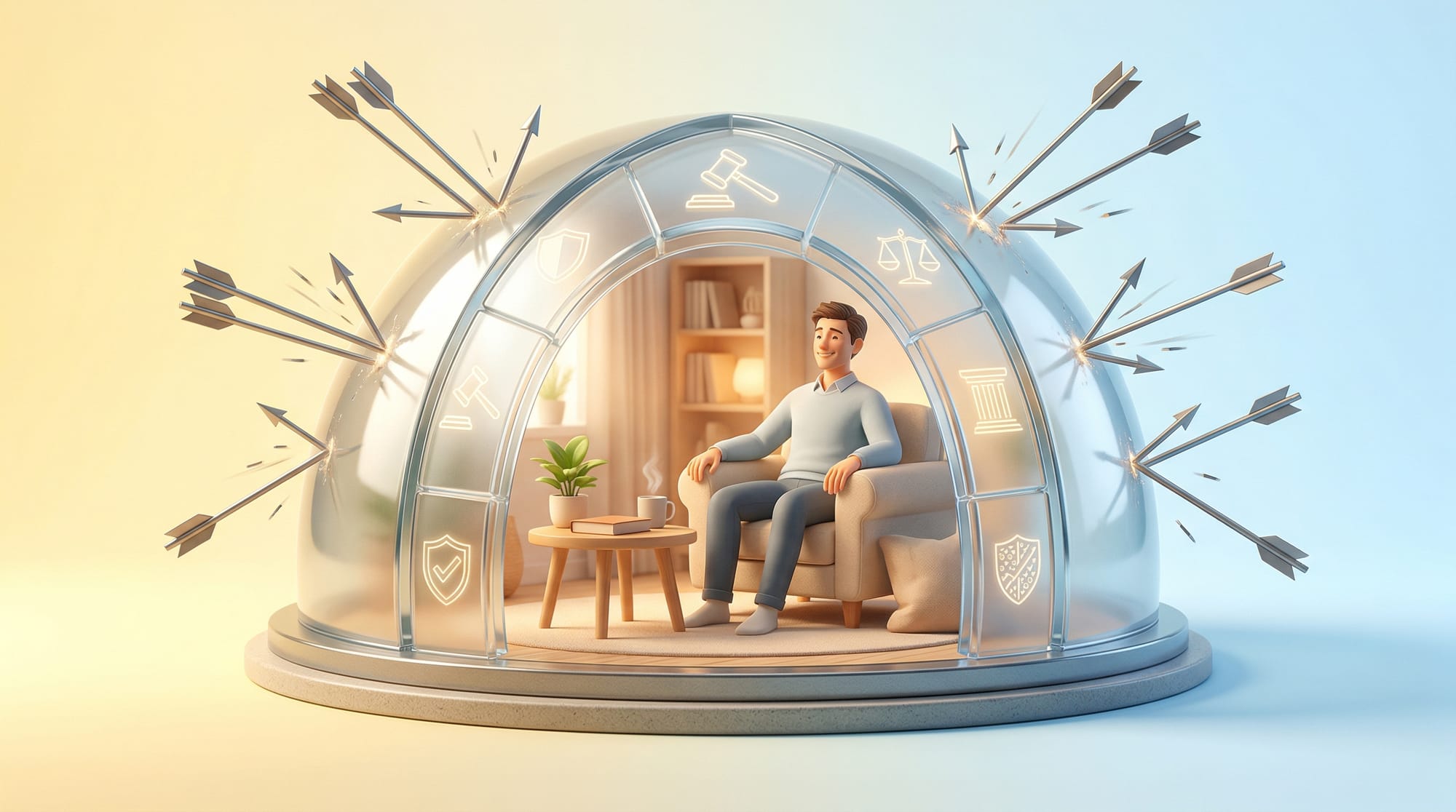채권자들의 강제집행·압류 화살이 법적 보호막에 튕겨 나가는 모습을 표현한 일러스트