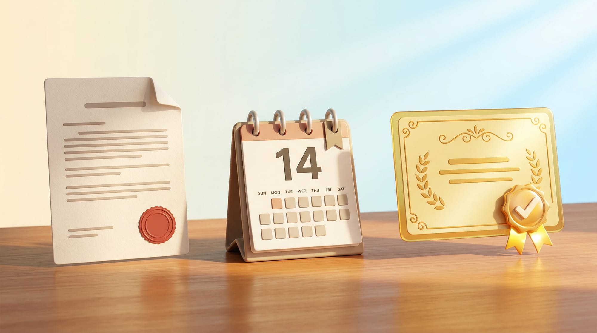 인가결정 후 14일 항고기간을 나타내는 달력과 모래시계 일러스트