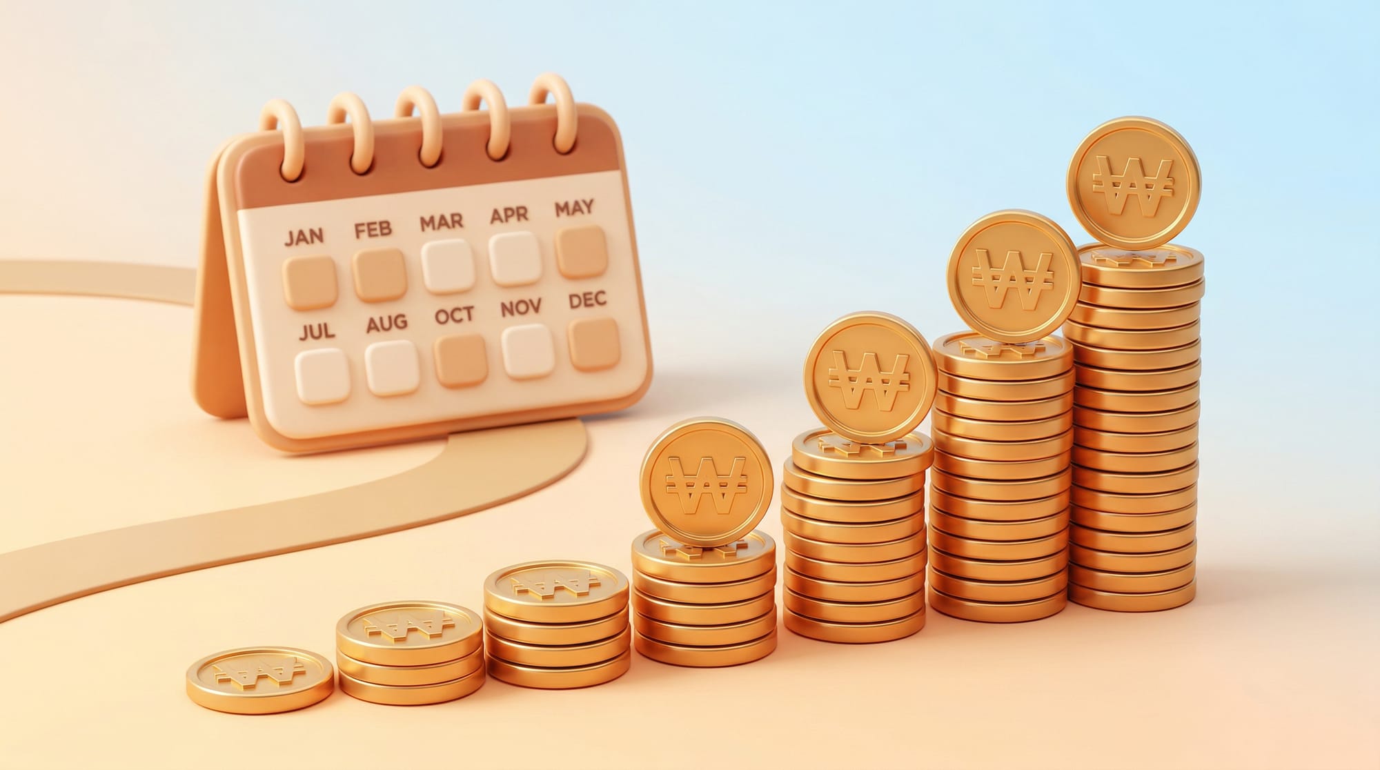 달력 앞에 동전들이 매월 차곡차곡 쌓여가는 모습의 변제금 적립 일러스트