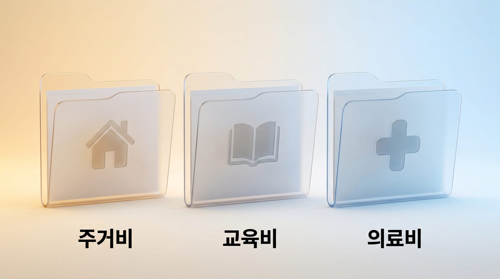 주거비·교육비·의료비 카테고리별로 정돈된 반투명 서류 폴더 3D 도식